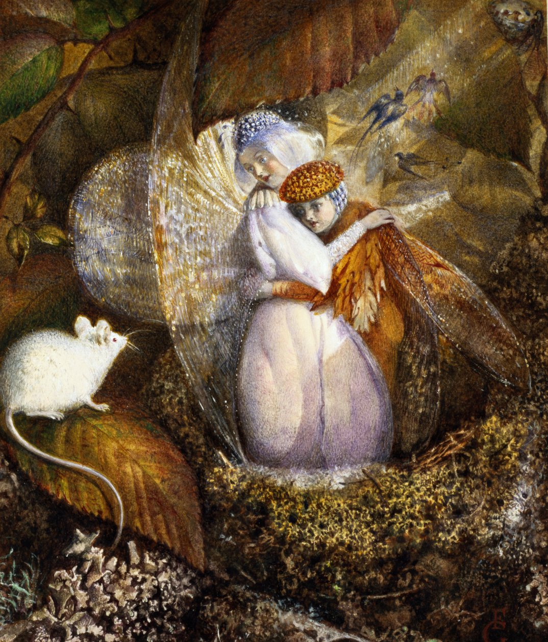 Feelskere i et fuglerede ser på en hvit mus, ca. 1860 (wc og kroppsfarge på papir) av John Anster Fitzgerald