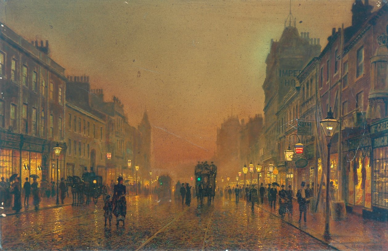 Briggate, Leeds, 1891 (olje på papir montert på lerret) av John Atkinson Grimshaw