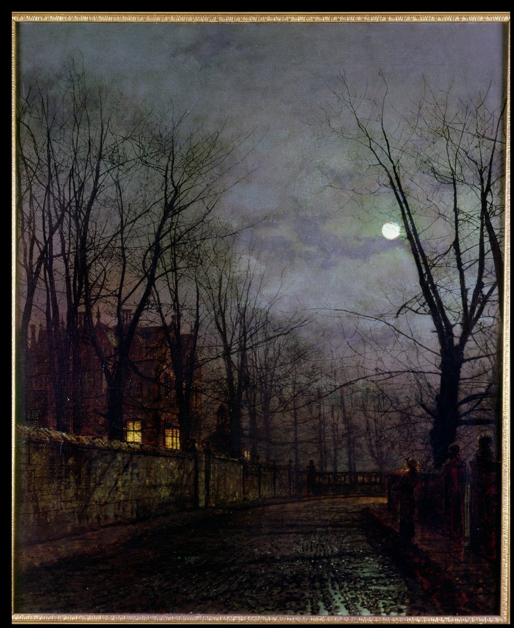 Månebelyst gatescene, 1882 av John Atkinson Grimshaw