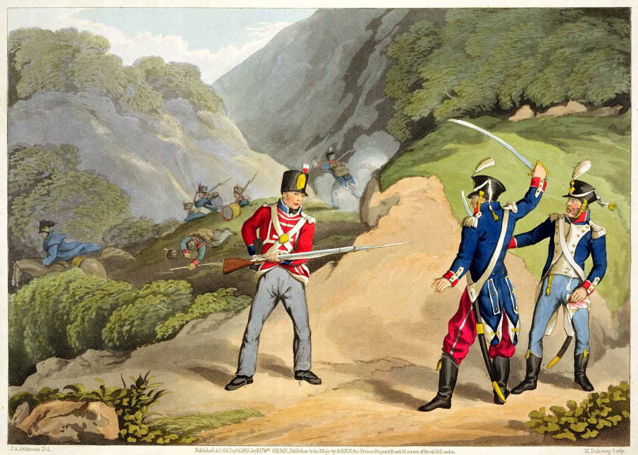 En britisk soldat som tar to franske offiserer i slaget ved Pyreneene, gravert av Matthew Dubourg (fl.1813-20) fra "Historiske, militære og marineanekdoter", pub. av Edward Orme (1774-c.1820) 18 av John Augustus Atkinson