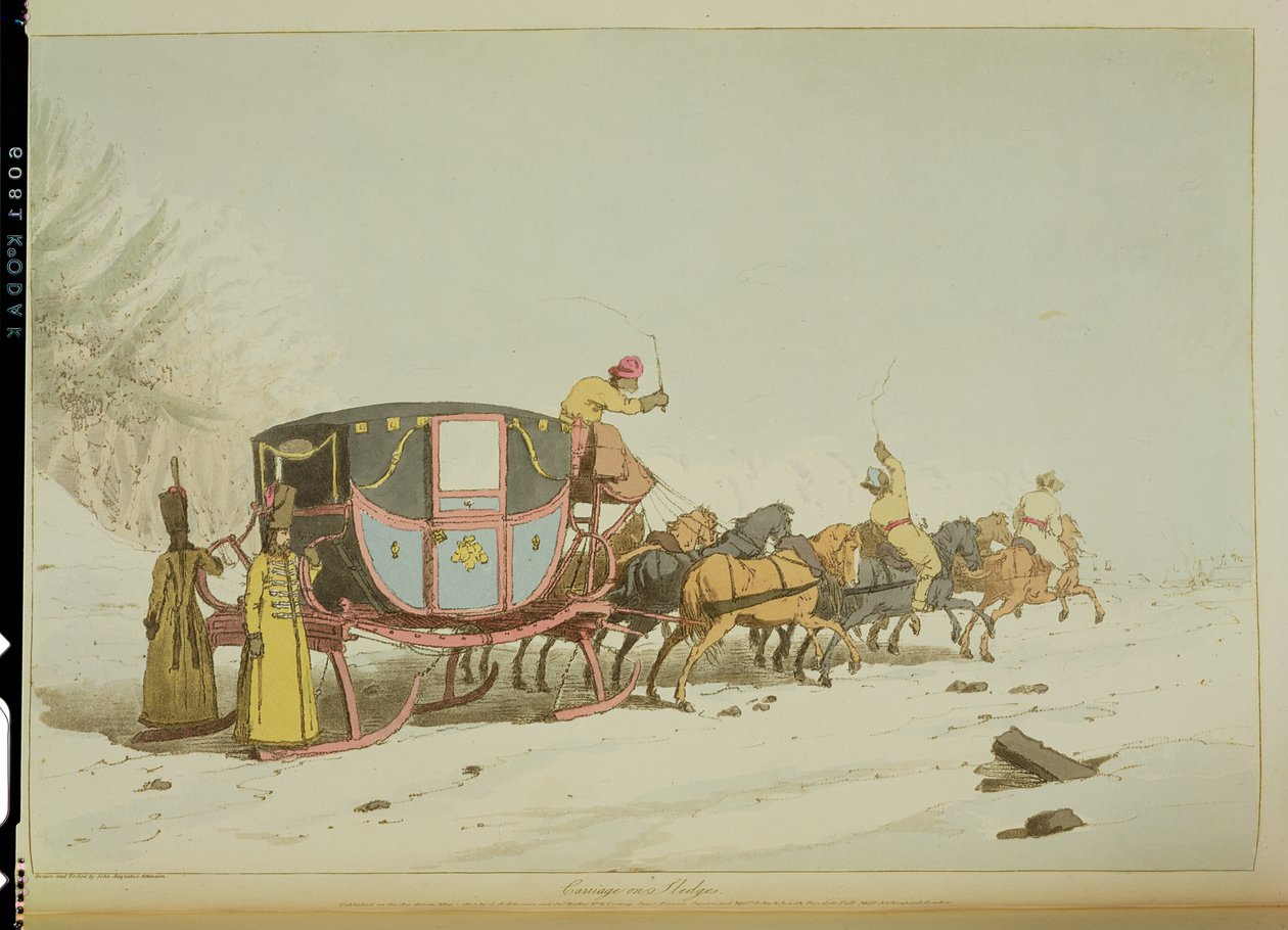Vogn på sleder, etset av kunstneren, utgitt 1803 av John Augustus Atkinson
