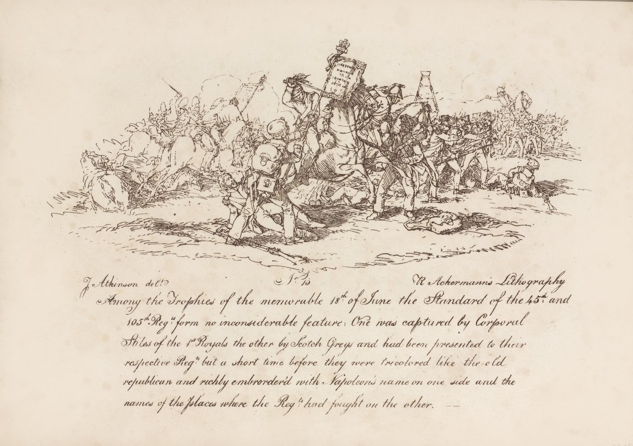 Korporal Stiles fra 1st Royals og Scotchy Greys som fanger standardene til 45. og 105. regiment i slaget ved Waterloo, 18. juni 1815, litografi av R. Ackermann, 1815 av John Augustus Atkinson