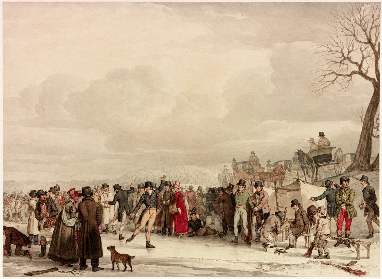 Skating, 1810 (wc på vevd papir) av John Augustus Atkinson