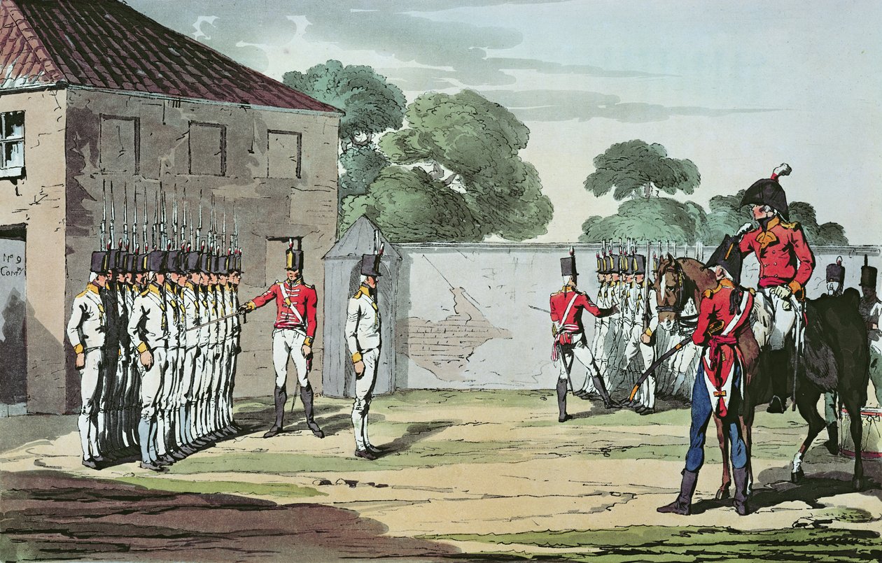 Soldiers Drilling, 1807 (farget etsning) av John Augustus Atkinson