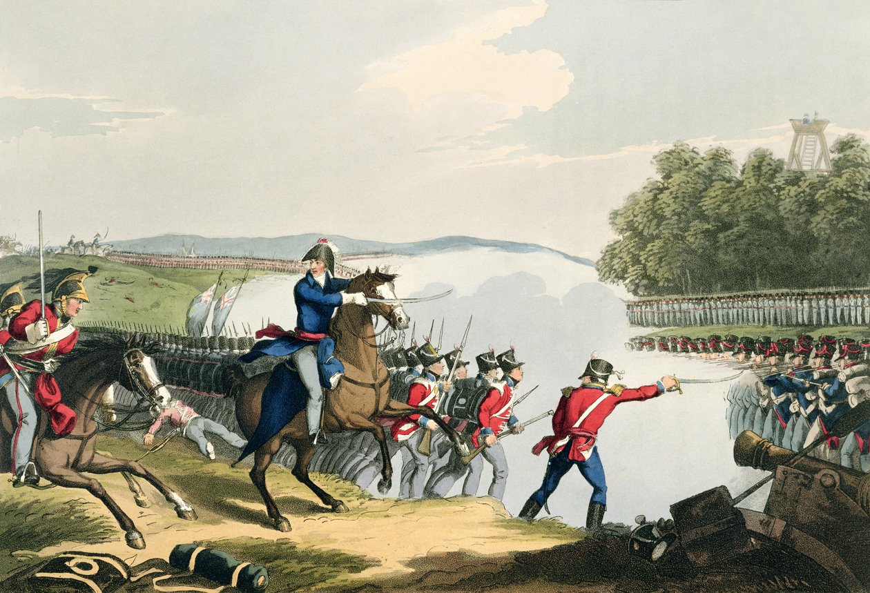 Slaget ved Waterloo bestemt av hertugen av Wellington, gravert av Matthew Dubourg (fl.1813-20) fra "Historiske, militære og marineanekdoter", pub. av Edward Orme (1774-c.1820) 1815 (akvatint) av John Augustus Atkinson