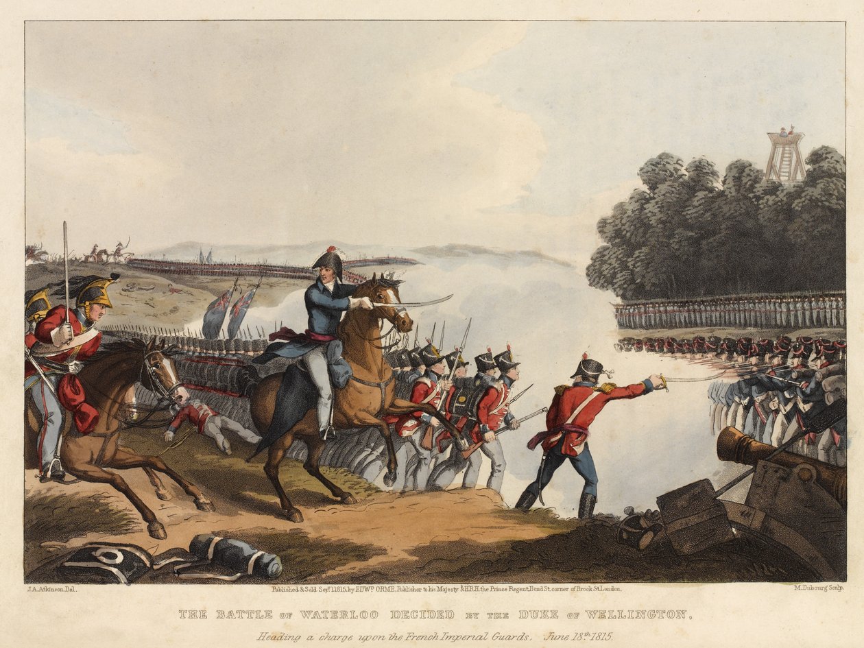 Slaget ved Waterloo bestemt av hertugen av Wellington, som ledet et anfall mot de franske keisergardene, 18. juni 1815, gravert av M. Dubourg, 1819 (farget akvatint) av John Augustus Atkinson