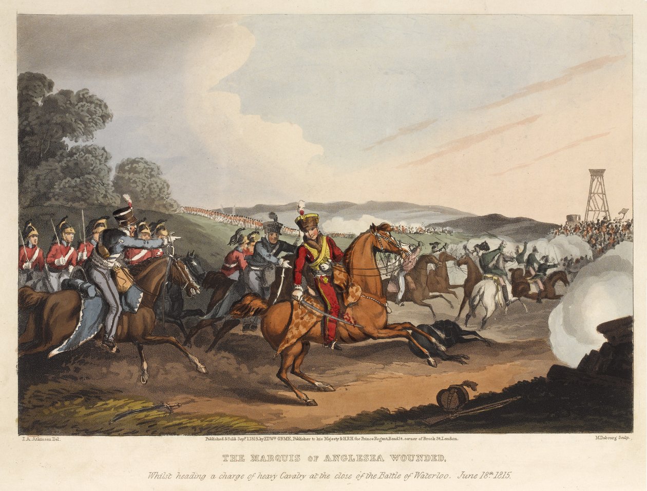 Markisen av Anglesea [sic] ble såret, mens han ledet en anklage for tungt kavaleri ved slutten av slaget ved Waterloo, 18. juni 1815, gravert av M. Dubourg, 1819 (farget akvatint) av John Augustus Atkinson