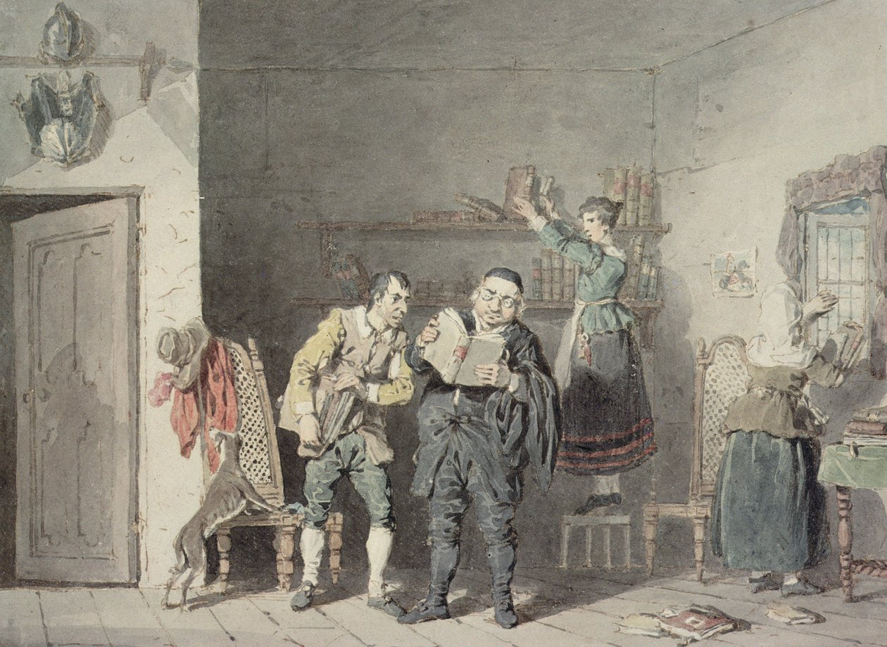 Presten og barberen, med Don Quijotes husholderske og niese, renser Dons bibliotek for ridderlige bøker av John Augustus Atkinson