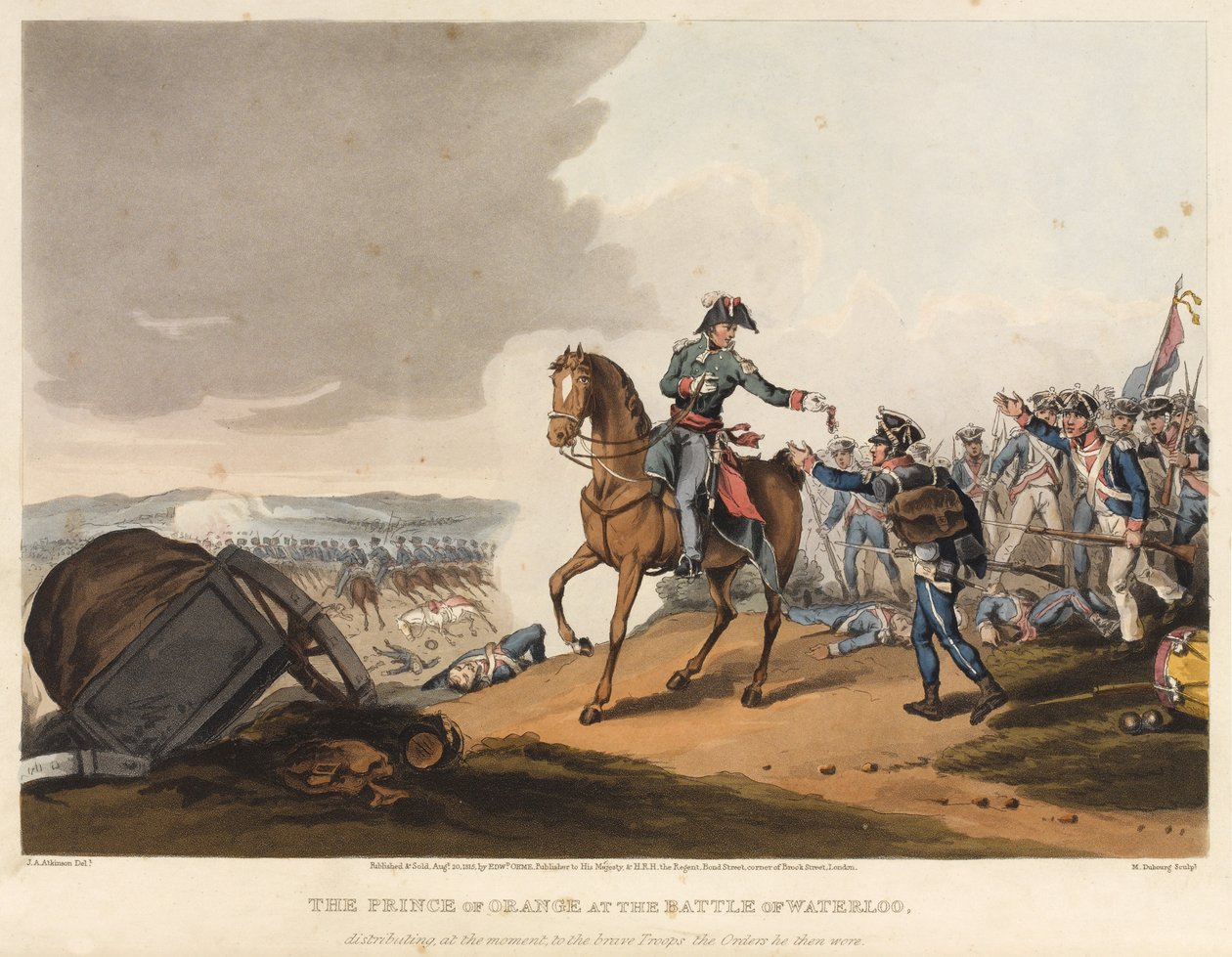Prinsen av Oransje i slaget ved Waterloo deler for øyeblikket ut ordrene han bar på seg til de modige troppene, gravert av M. Dubourg, 1819 (farget akvatint) av John Augustus Atkinson