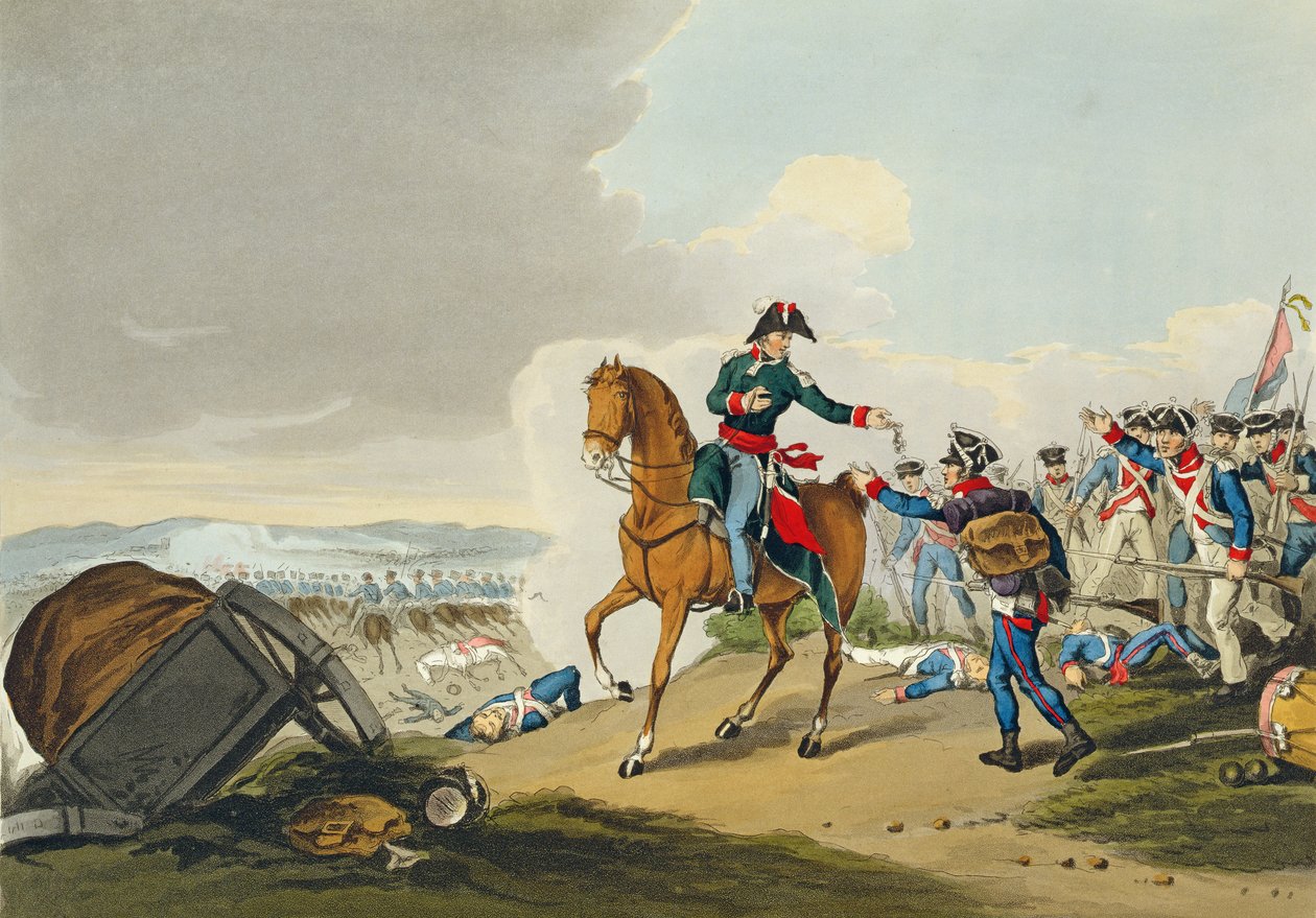 Prinsen av Orange i slaget ved Waterloo, gravert av Matthew Dubourg (fl.1813-20) fra "Historiske, militære og marineanekdoter", pub. av Edward Orme (1774-c.1820) 1815 (akvatint) av John Augustus Atkinson