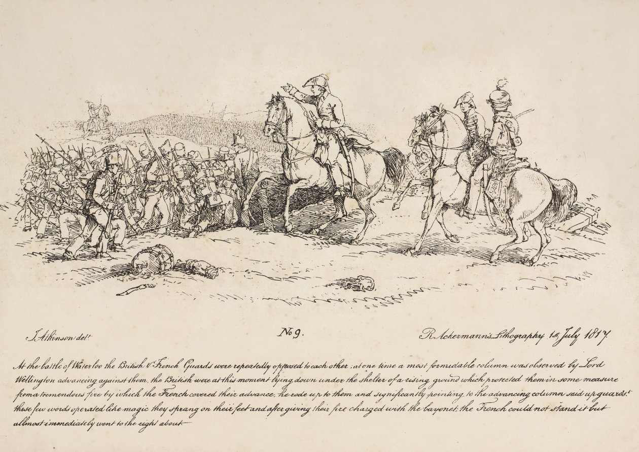 Wellington retter en siktelse av vaktene mot en kolonne av franskmenn ved Waterloo, litografi av R. Ackermann, 1815 av John Augustus Atkinson
