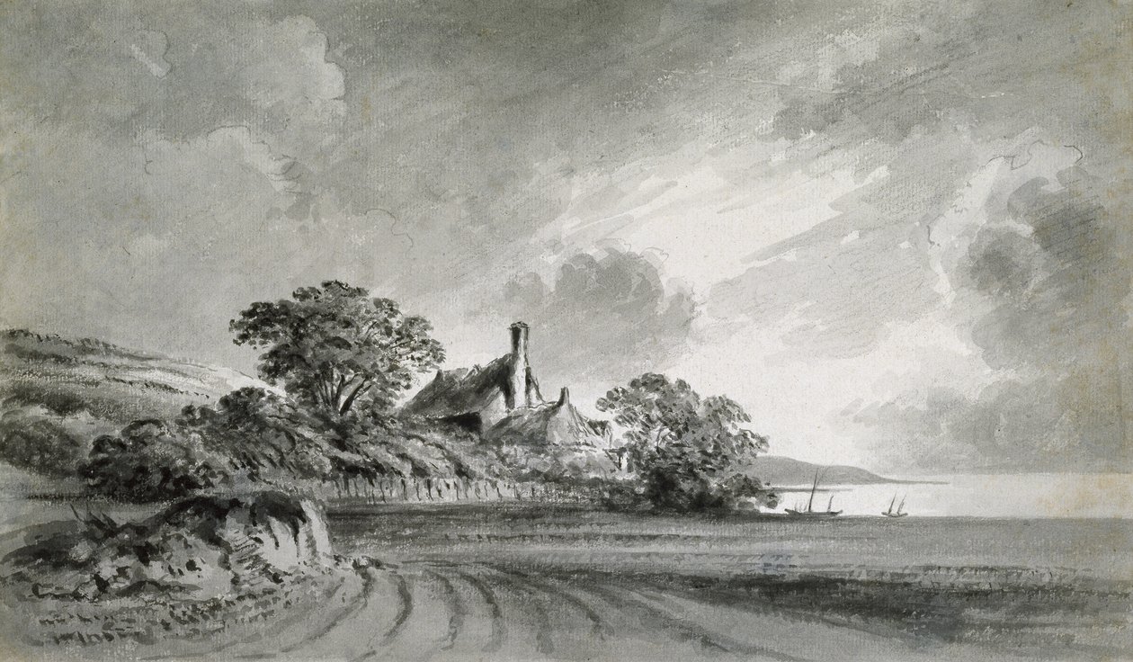 En hytte nær bredden av en innsjø (grå vask over grafitt) av John Baptist Malchair