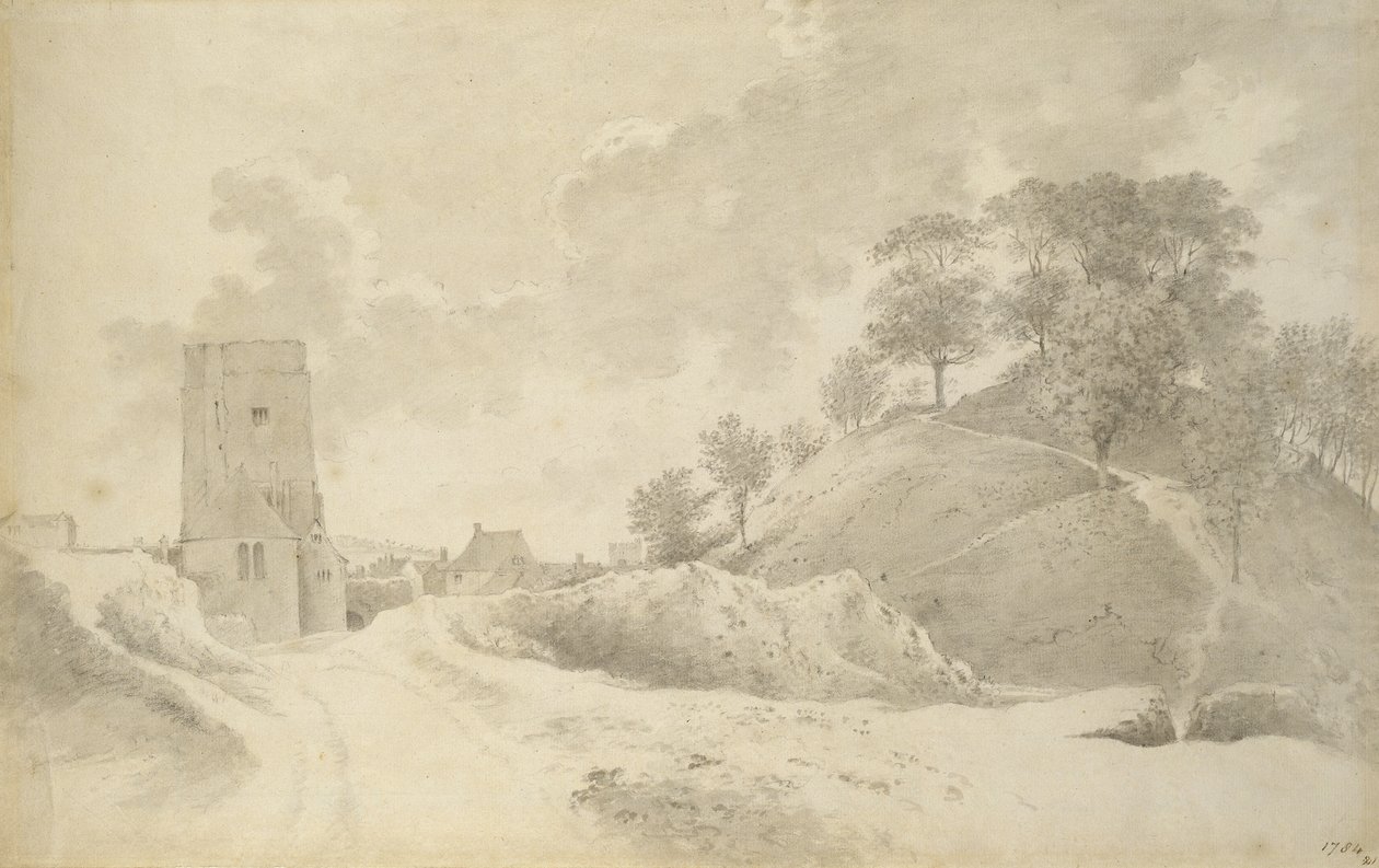 Oxford Castle and the Castle Mound, 27. mai 1784 (grå vask over grafitt) av John Baptist Malchair