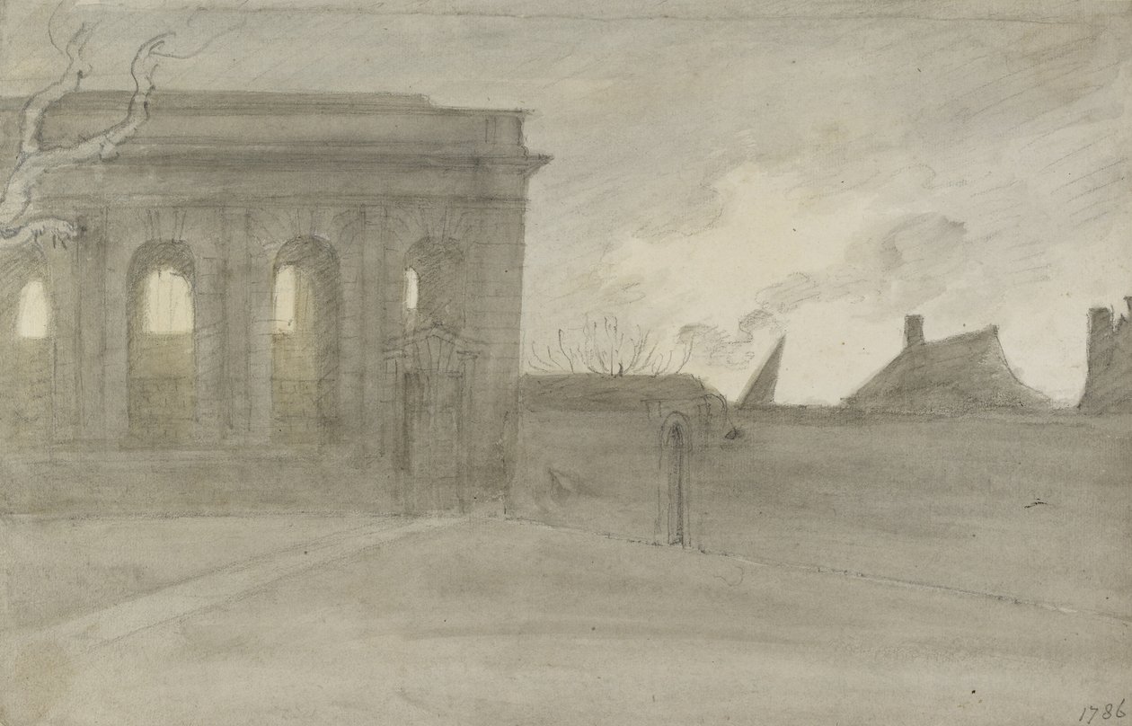 Pembroke Coll. Oxon., 9. november 1786 (grå og bistre vasker over grafitt) av John Baptist Malchair