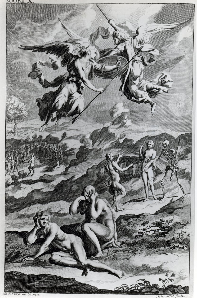 Adam og Eva etter syndefallet, illustrasjon fra John Miltons 'Paradise Lost', gravert av Michael Burghers, sjette utgave 1695 av John Baptist de Medina