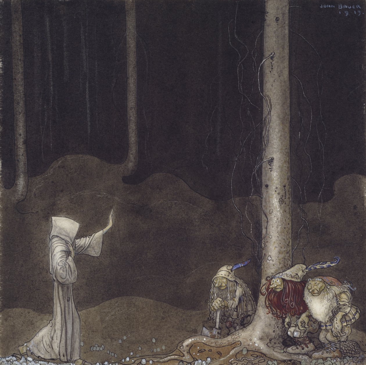 Bror St. Martin og de tre trollene, 1913 (wc på papir) av John Bauer