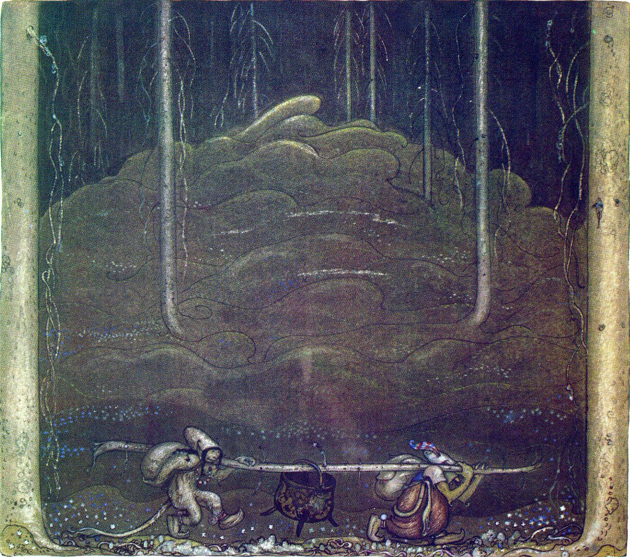 Da kvelden kom, snek trollmor og gutten seg ut av fjellet. De bar trollkjelen mellom seg på en pinne av John Bauer