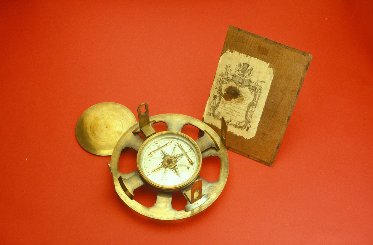 Vanlig teodolitt med handelskort på innsiden av koffertlokket, ca. 1780 (messing) av John Bennett