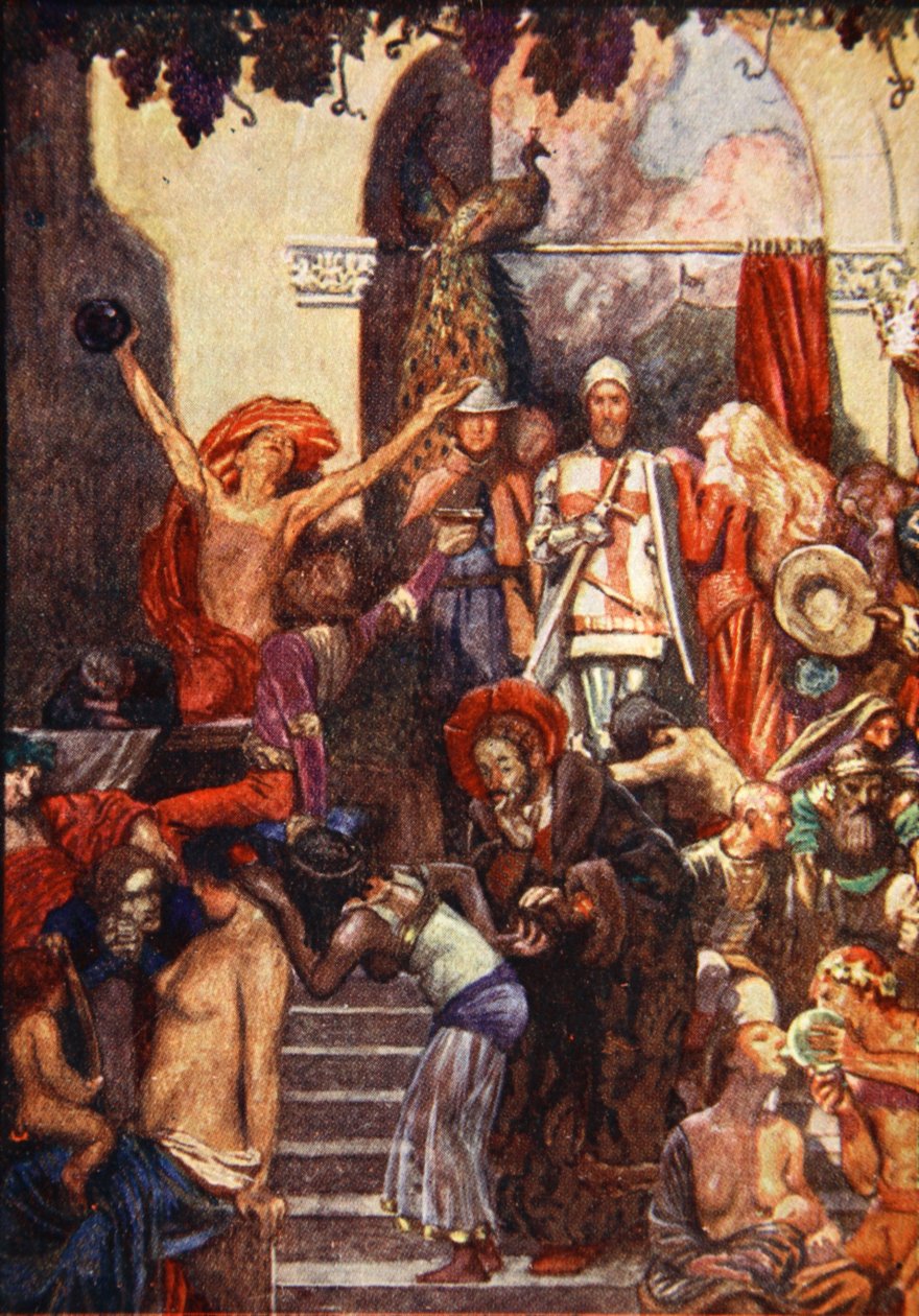 I byen ble det holdt en messe, kalt Vanity Fair, illustrasjon fra 'The Pilgrim's Progress' av John Bunyan, fortalt av Mary Macgregor, utgitt av TC og EC Jack, 1907 av John Byam Liston Shaw