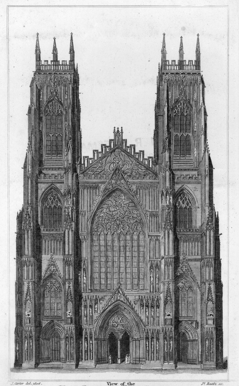 Utsikt over vestfronten til York Cathedral, gravert av James Basire II, 1806 av John Carter