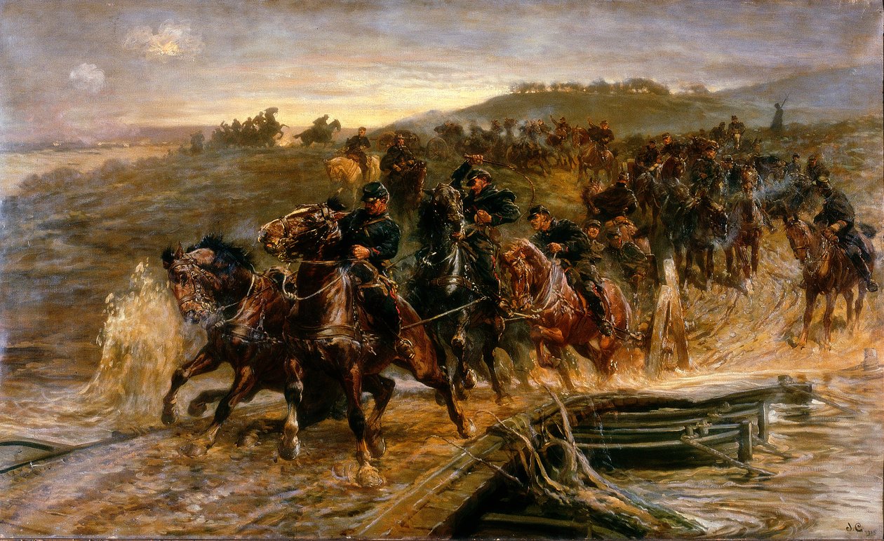 Fransk artilleri krysser den oversvømmede Aisne og redder våpnene, 1915 av John Charlton