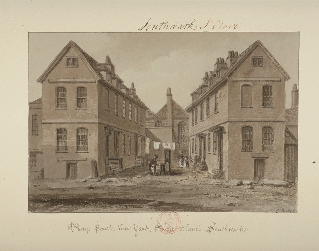 Utsikt over en figur som samler vann i Pump Court, Vine Yard, Bermondsey, 1828 (vask på papir) av John Chessell Buckler