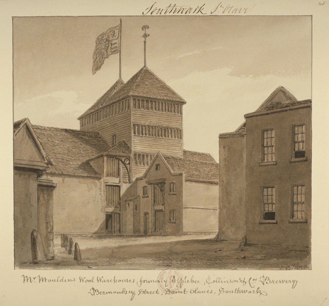 Utsikt over ullvarehus i Bermondsey Street, 1828 (vask på papir) av John Chessell Buckler