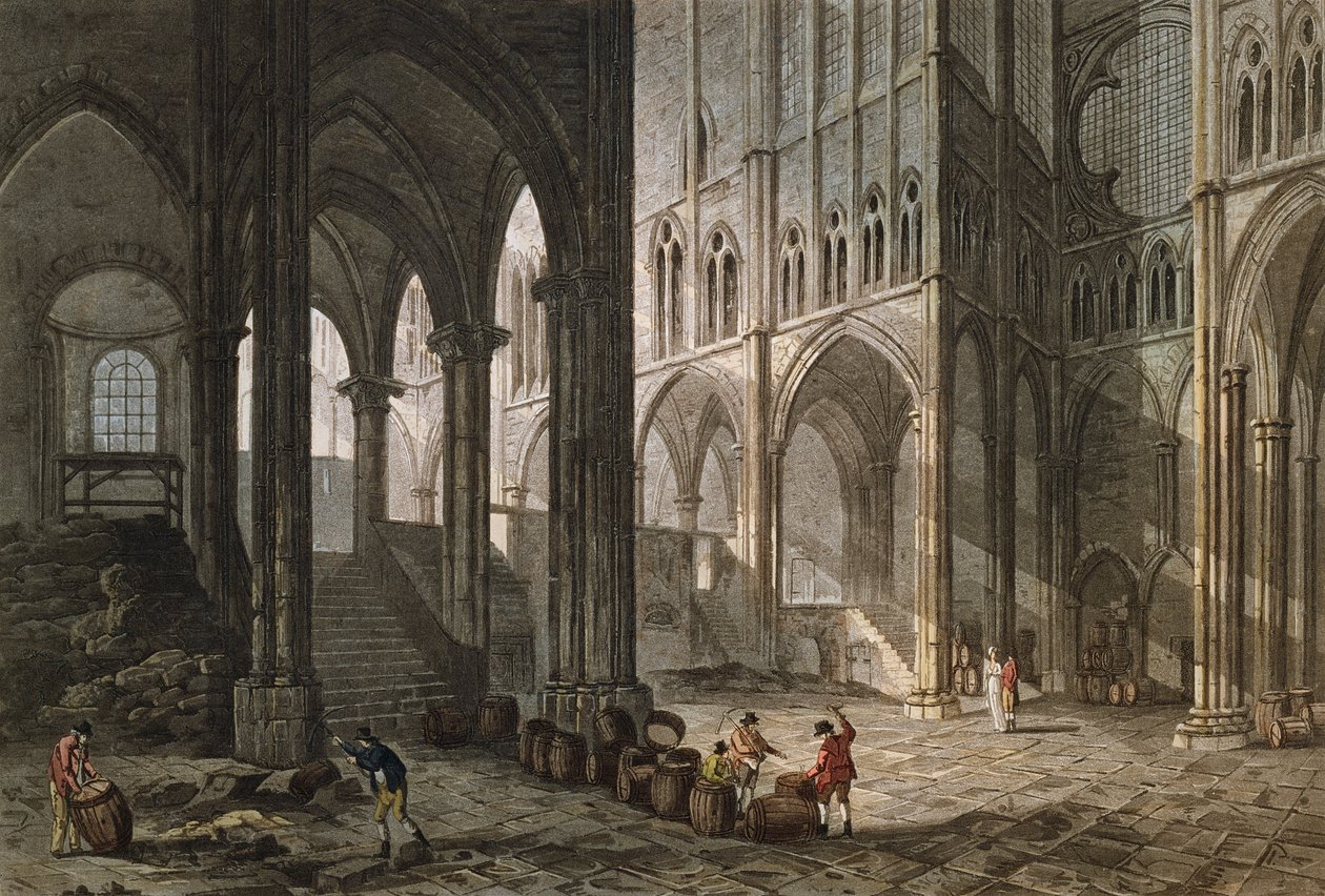 Kjøpmann som selger vin inne i basilikaen Saint-Denis, 1809 (fargegravering) av John Claude Nattes