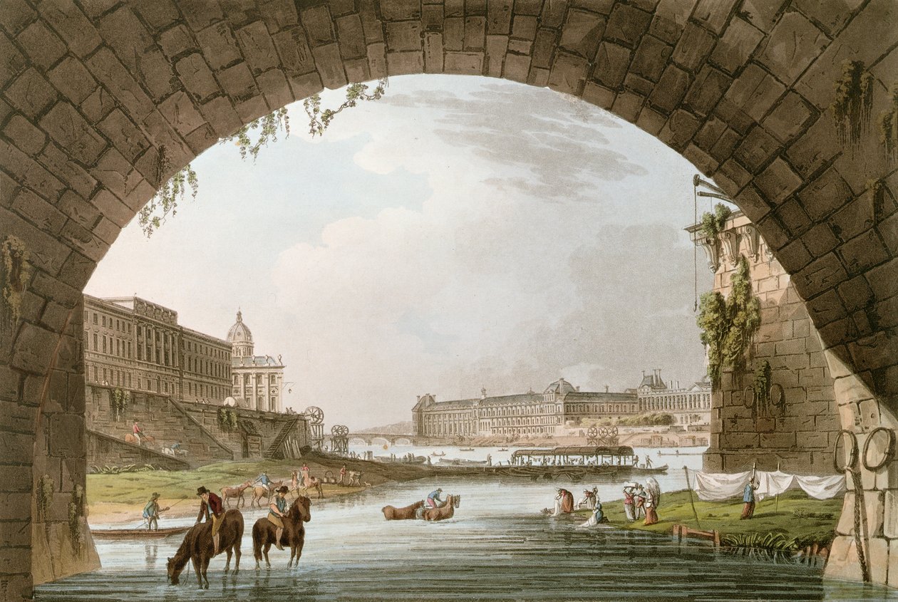 Panorama av elven Seinen sett fra under Pont Neuf med utsikt vestover mot Louvre, La Monnaie og College de Quatre Nations, illustrasjon for 