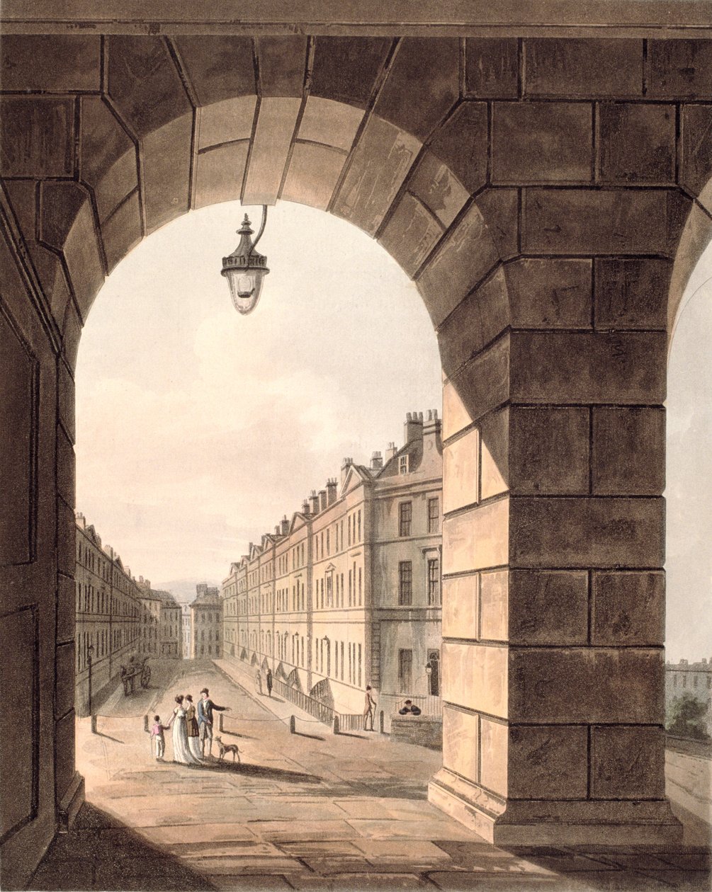 Pulteney Street som avsluttes på Laura Place sett gjennom Gateway of Sydney Gardens, fra 