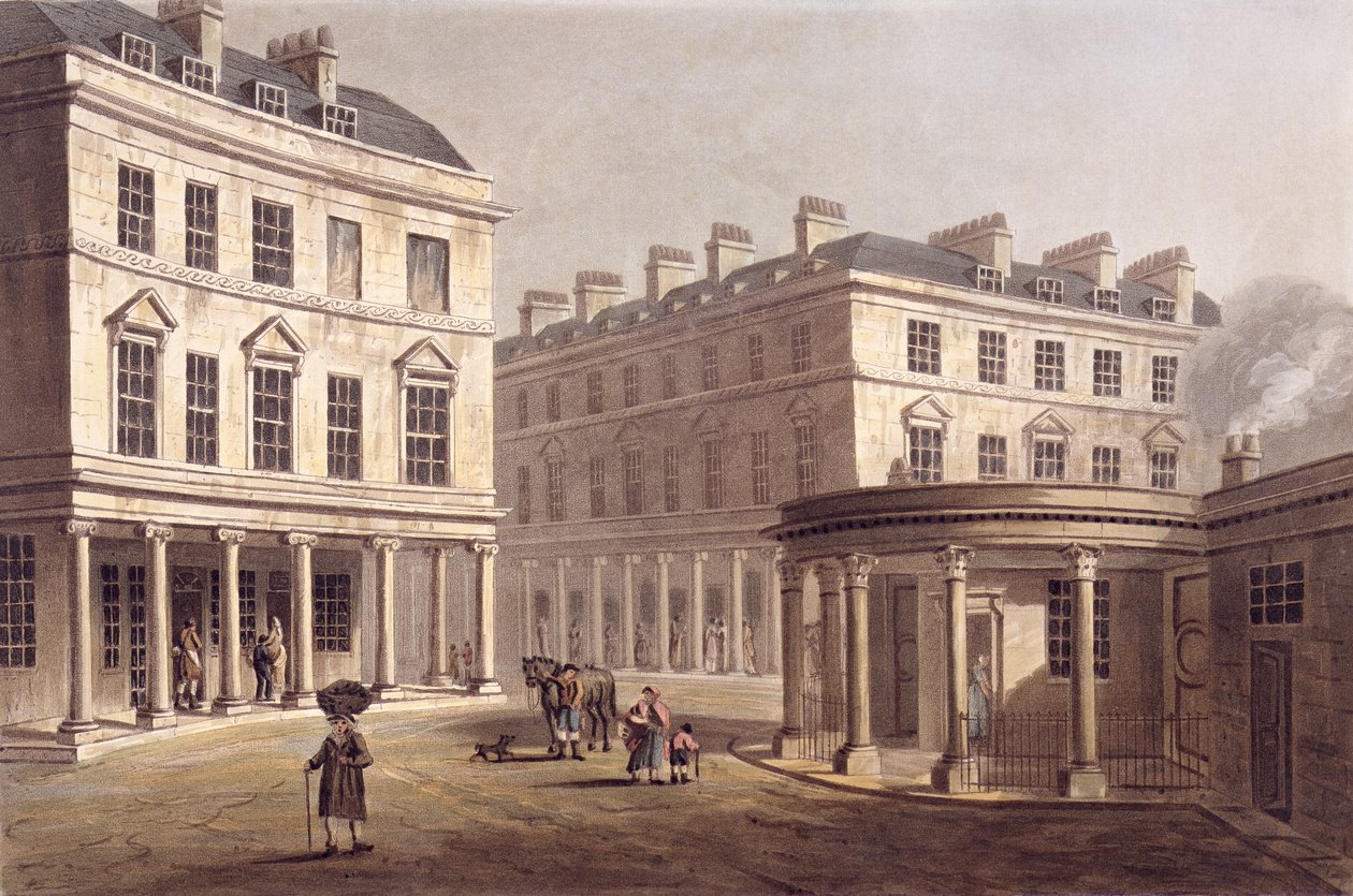 Utsikt over Cross Bath, Bath Street, fra 'Bath Illustrated by a Series of Views', gravert av John Hill (1770-1850) pub. av William Miller, 1804 (akvatint) av John Claude Nattes