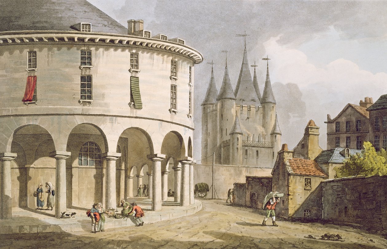 Utsikt over Donjon og La Rotonde ved tempelet, Paris, 1808 av John Claude Nattes