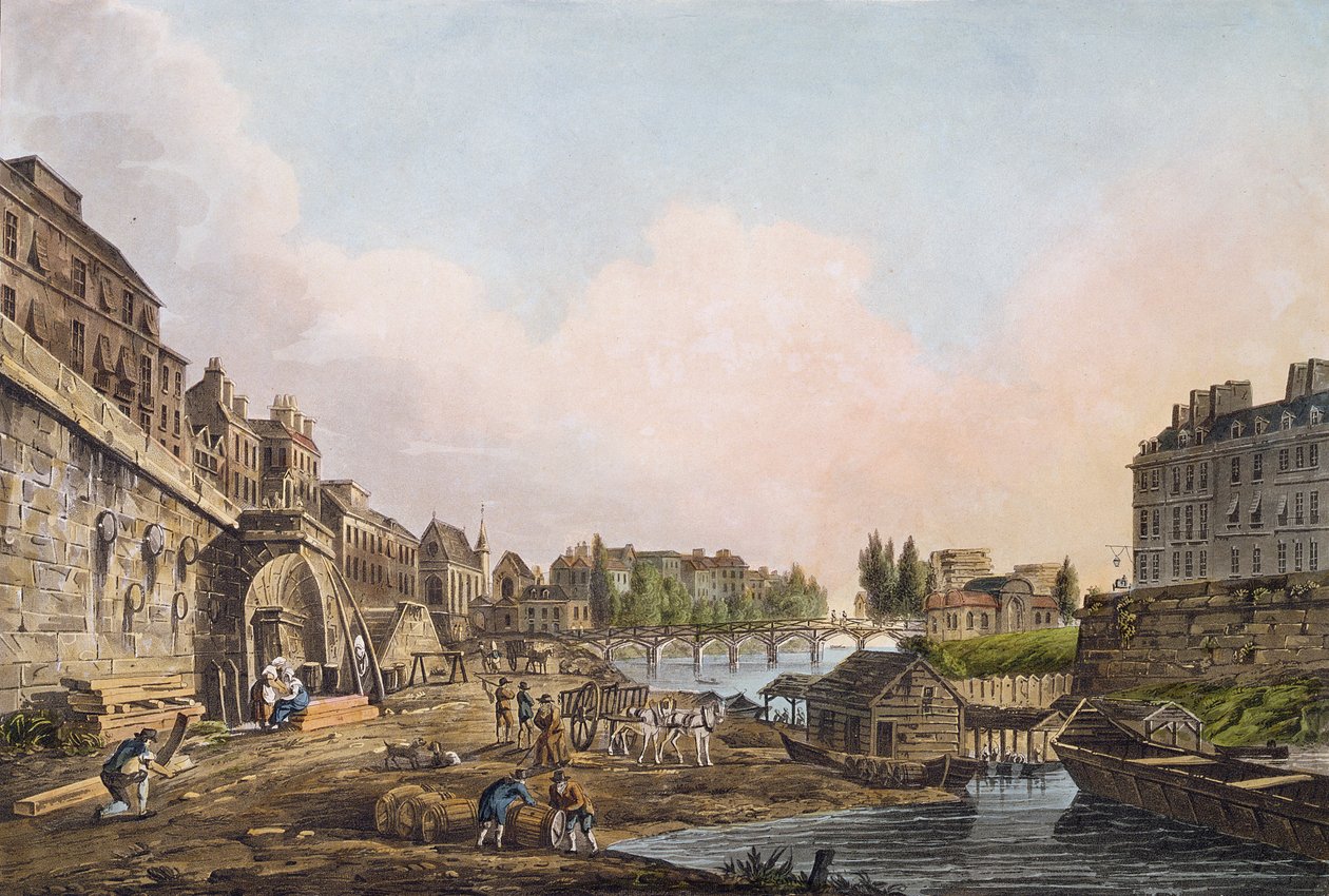 Utsikt over Seinen fra under en bue av Pont Notre-Dame, 1805 (farget akvatint) av John Claude Nattes