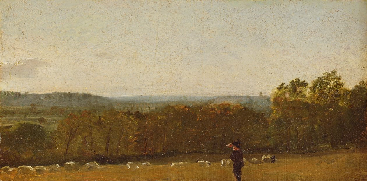 A Shepherd in a Landscape ser over Dedham Vale mot Langham, ca. 1810 (olje på papir lagt på lerret) av John Constable