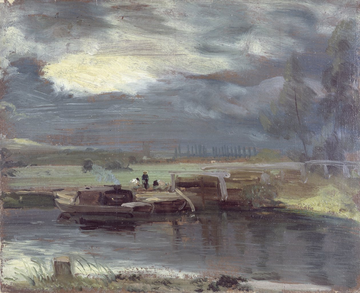 Lektere på Stour med Dedham Church in the Distance, 1811 (olje på papir lagt på lerret) av John Constable