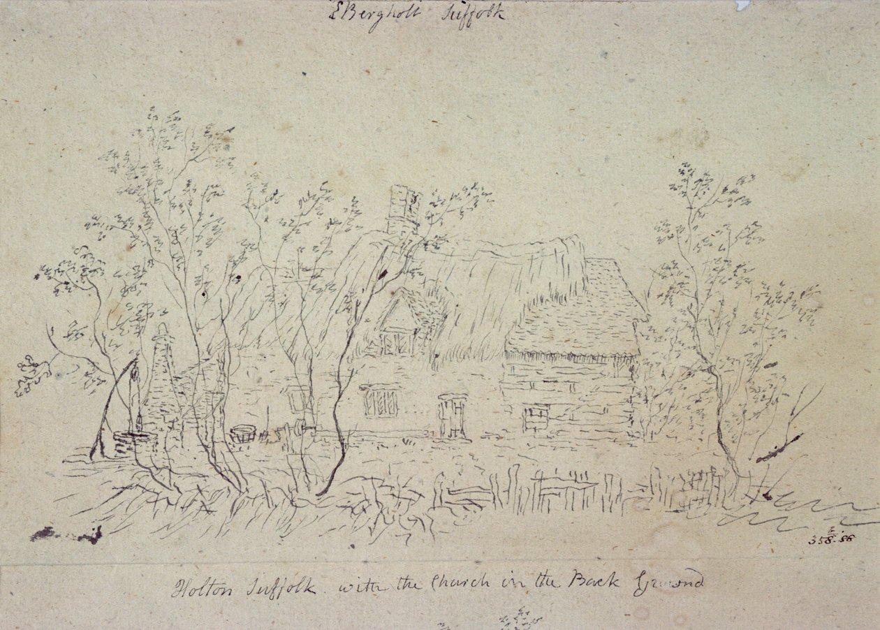Hytte på Østre Bergholt, med brønn (tegning) av John Constable
