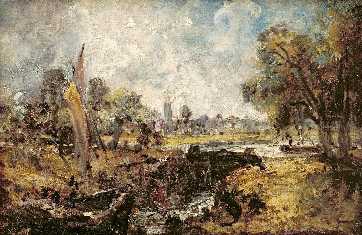 Dedham Lock, ca. 1820 (olje på lerret lagt ned på panel) av John Constable