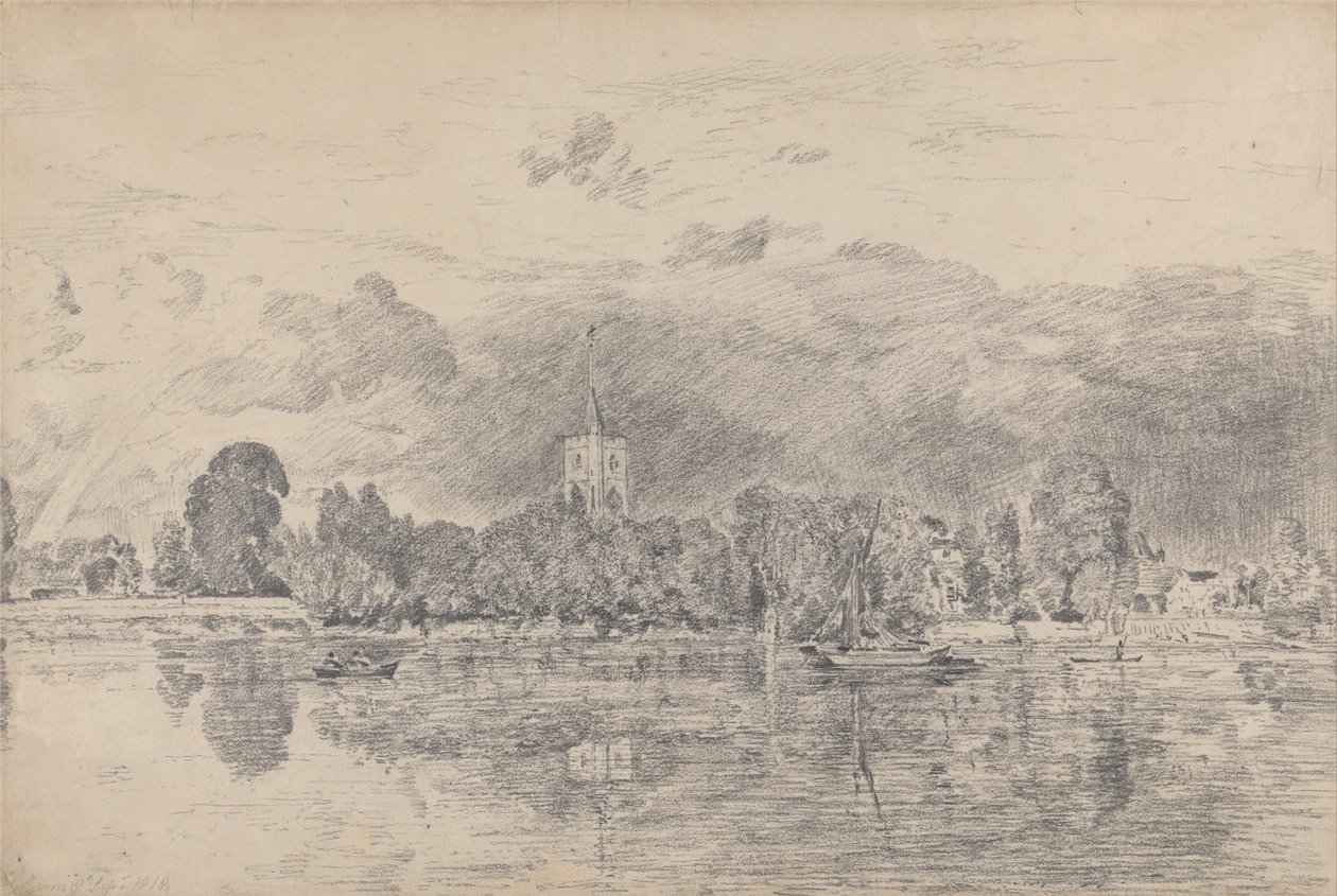 Fulham Church fra andre siden av elven av John Constable