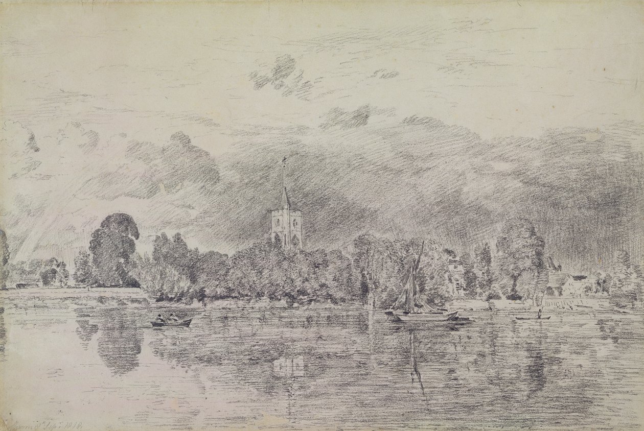 Fulham kirke fra over elven, 1818 (grafitt på papir) av John Constable