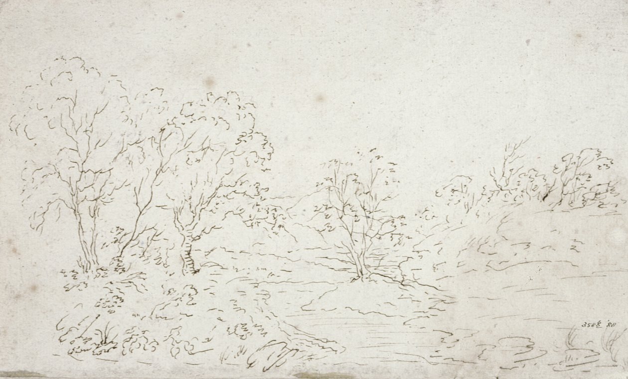 Landskap: en bekk som renner mellom trær (tegning) av John Constable