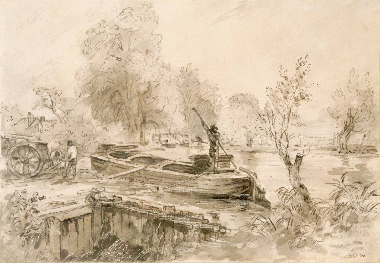 Menn laster en lekter på Stour, 1827 (blyant, penn og grå vask på papir) av John Constable