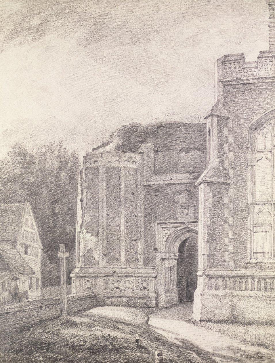 Sørbuegangen til det ødelagte tårnet til Østre Bergholt kirke (blyanttegning) av John Constable
