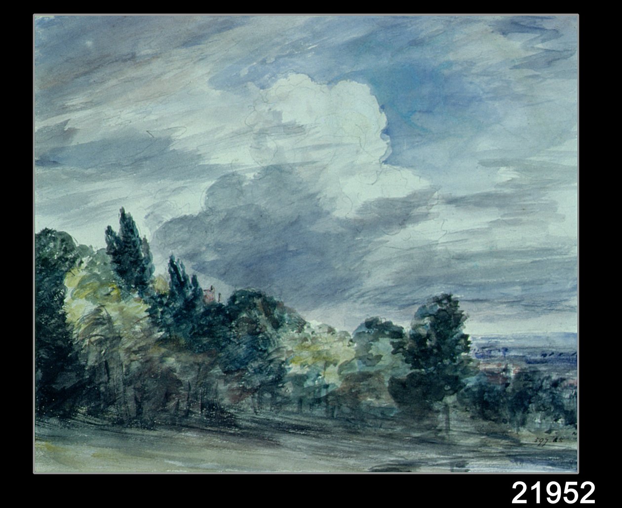Utsikt over et vidt landskap, med trær i forgrunnen, september 1832 (akvarell på papir) av John Constable