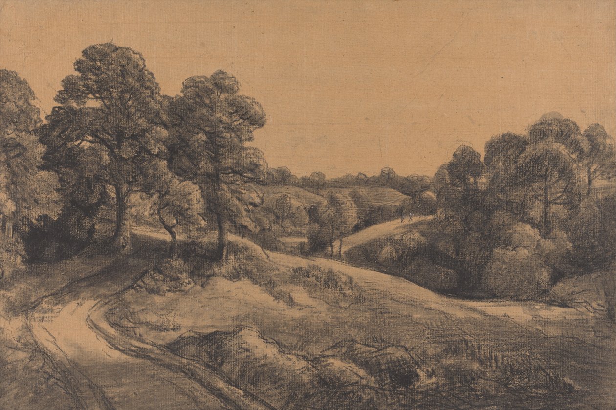 Skogsbevokst skråning med vei tilbake av John Constable