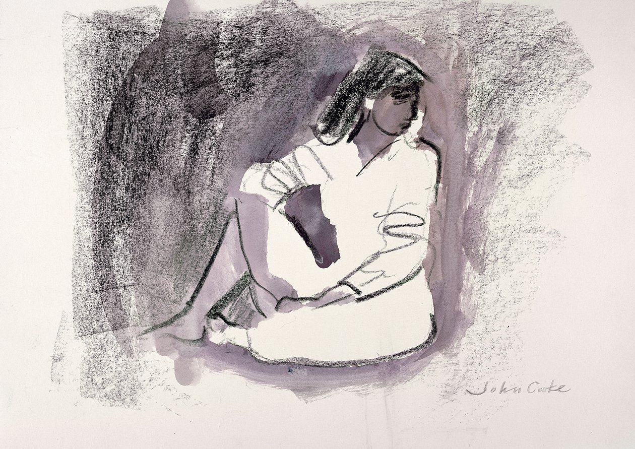 Sittende figur, 1999 (voksstift og vask på papir) av John Cooke