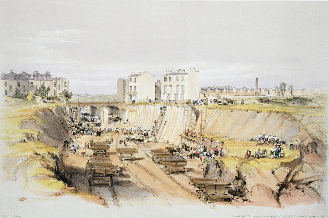 Bygge støttemuren nær Park Street, Camden Town, 17. september 1836, gravert av kunstneren, 1838 av John Cooke Bourne