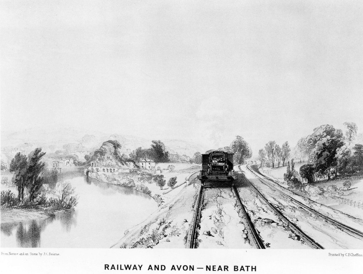 Railway and Avon, nær Bath, trykt av C. F. Cheffins, 1843 av John Cooke Bourne
