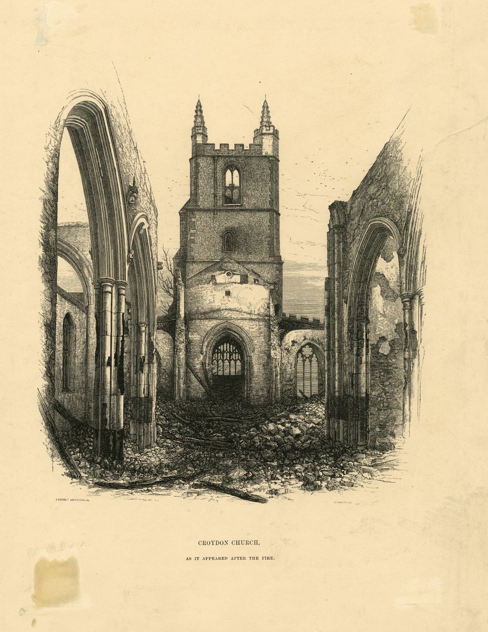 Croydon Church, slik den dukket opp etter brannen tresnitt av John Corbet Anderson