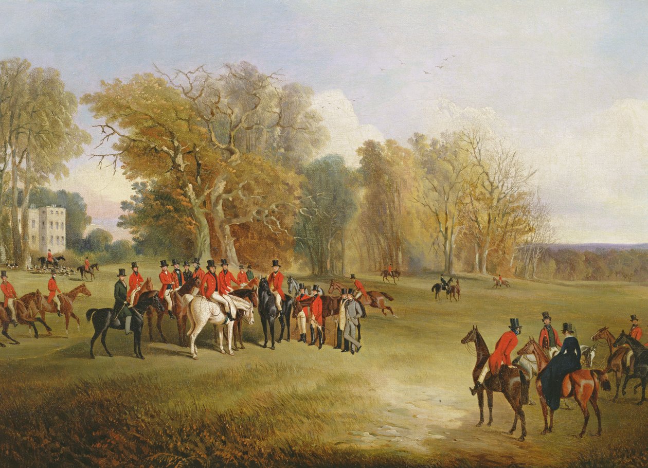 Et jaktmøte i et parkområde med et landsted av John Dalby