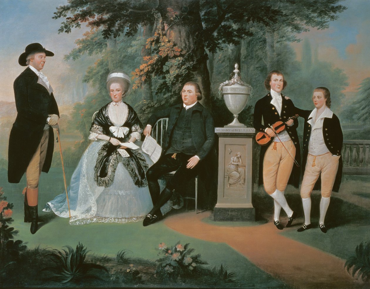 Medlemmer av Wilson-familien grupperte seg rundt et minnesmerke over William Pitt den yngre av John Downman